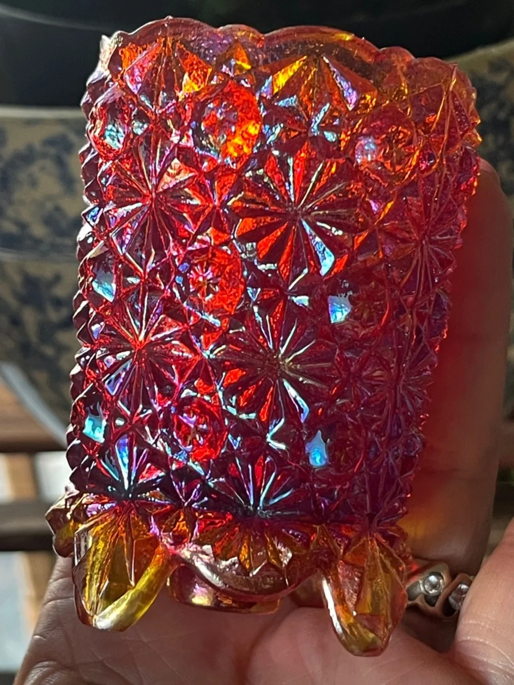 Vintage Ruby Red Carnival Glass Toothpick Holder Daisy & Button Footed